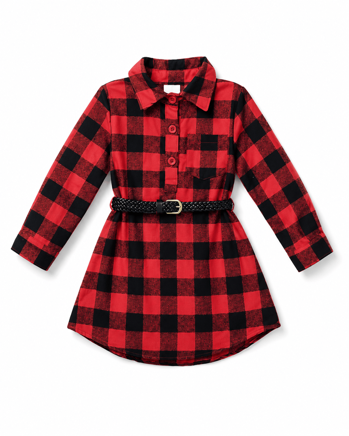 Red Plaid Belt Buckle Dress Kids