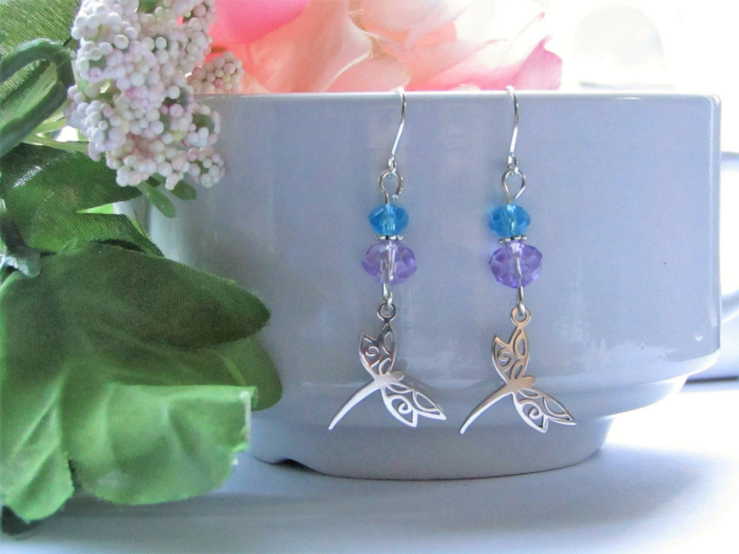 Purple & Blue Glass Stainless Steel Dragonfly Charm Silver Dangle Earrings