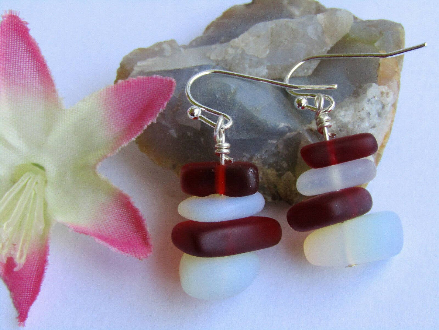 Moonstone Opal & Red Sea Glass Pebble Earrings Silver Plated