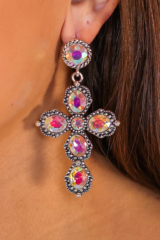 Silver Crystal Cross Earrings