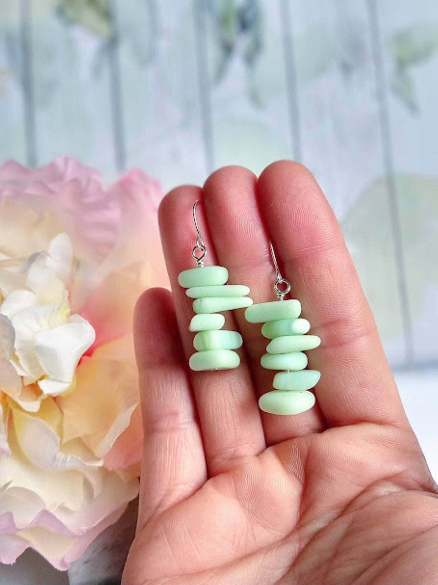 Mint Green Pebble Shaped Stacked Sea Glass Silver Ladies Dangle Earrings