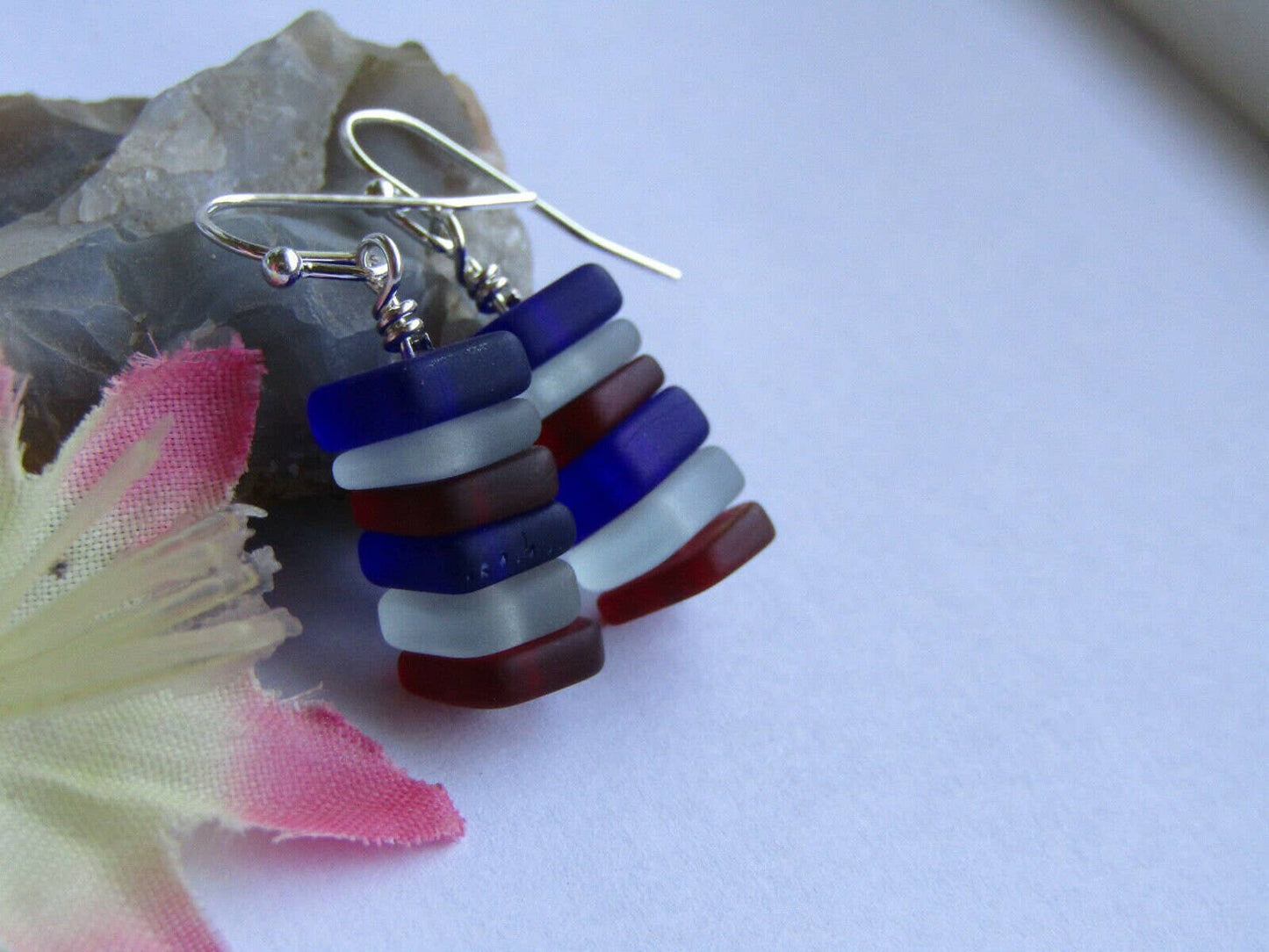 Handmade Stacked Red, White & Blue Sea Glass Beach Stone Pebble Silver Earrings