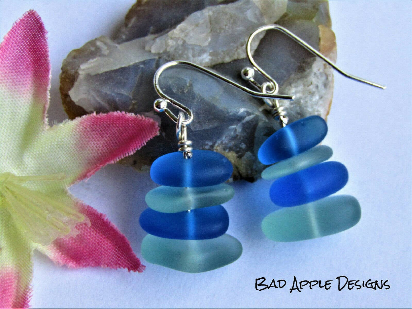Light Blue & Dark Blue Sea Glass Pebble Earrings Silver Plated