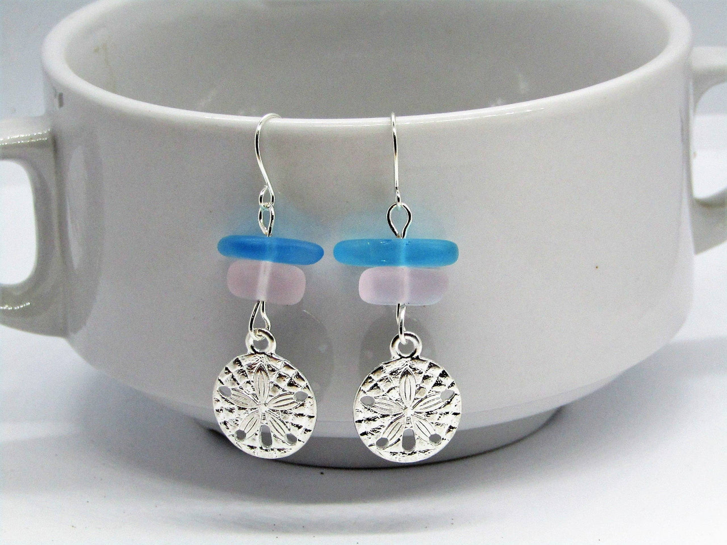Pink & Blue Sea Glass Earrings, Sand Dollar Shell Charm, Beach Earrings