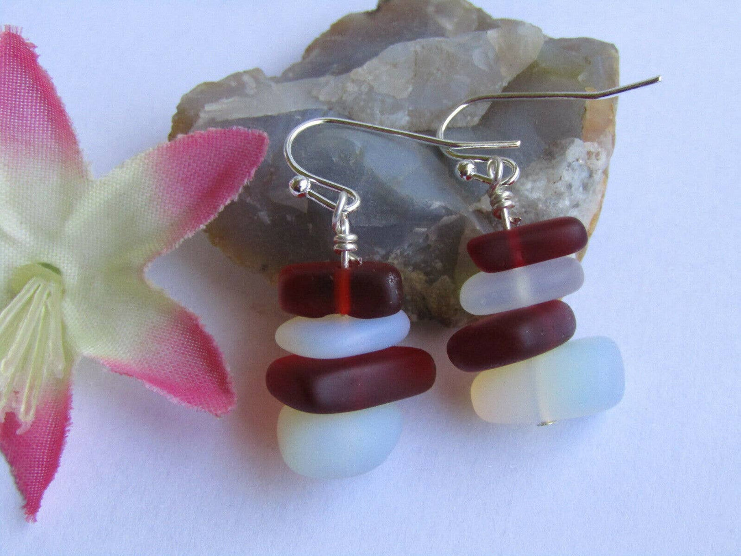 Moonstone Opal & Red Sea Glass Pebble Earrings Silver Plated