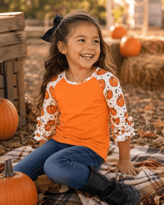 Girls Pumpkin Ruffle Top