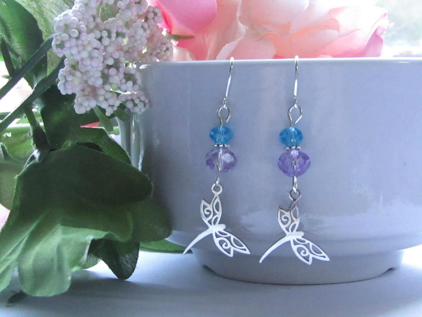 Purple & Blue Glass Stainless Steel Dragonfly Charm Silver Dangle Earrings