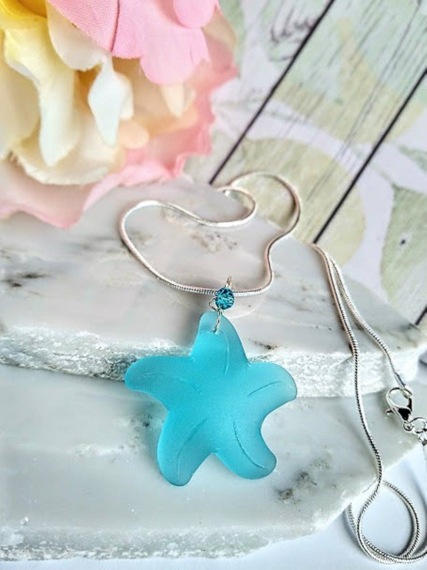 Caribbean Blue Starfish Sea Glass Pendant