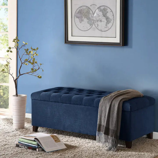 Button Tufted Upholstered Storage Bench, Navy Blue