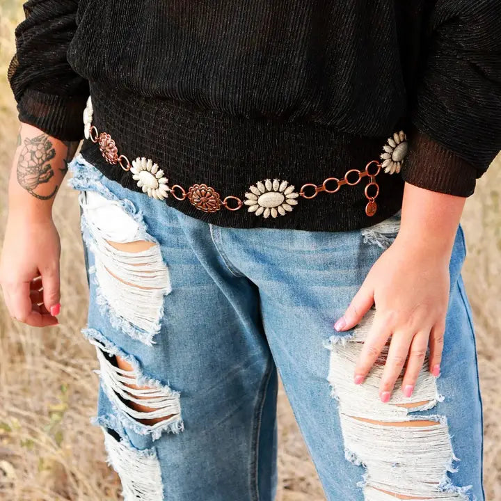 Forever Chasing Cowboys Copper Cream Floral Concho Link Belt Plus