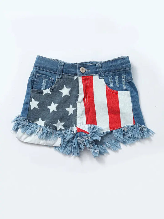 Girls Stars Stripe Patriotic Denim Shorts