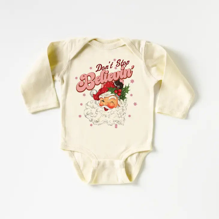 Christmas Don't Stop Believin' Santa Natural Baby Bodysuit