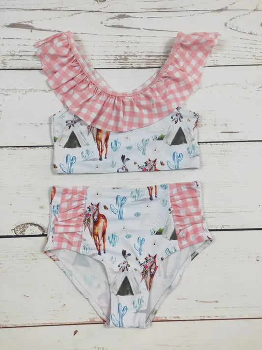 Horse Cactus Printed Two Piece Girls Summer Swim Set