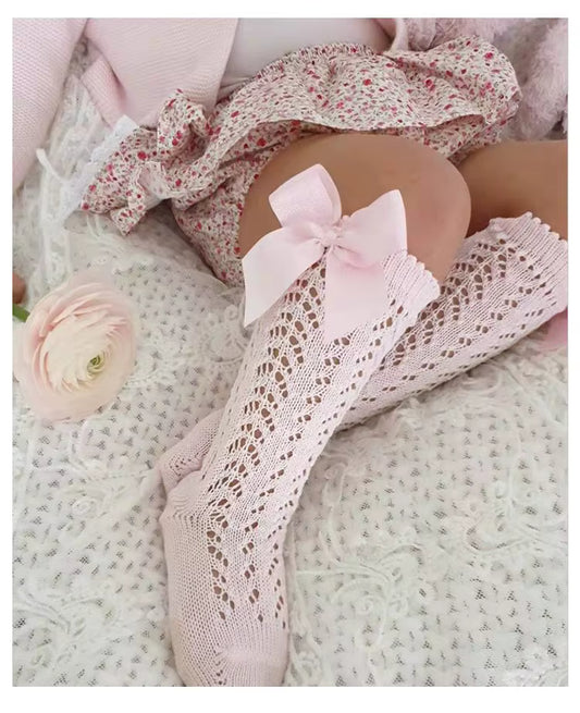 Vintage Bow Pointelle Knee High Socks – Girls Lace Knit Dress Socks (0-5Y)