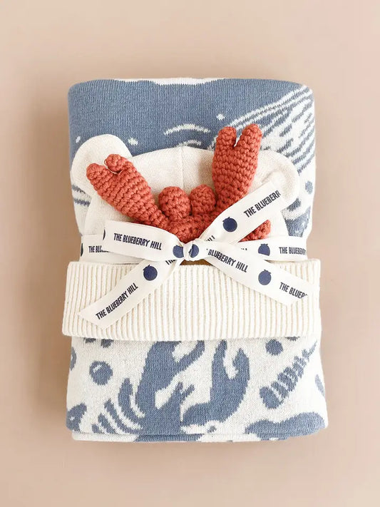 Nautical Baby Gift Set, Crab | Cotton Blanket, Teether, Hat