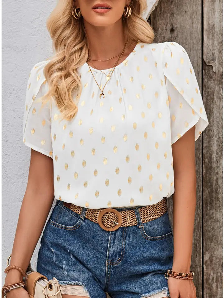 Stylish Crewneck Polka Dot Short Sleeve T-Shirt Top