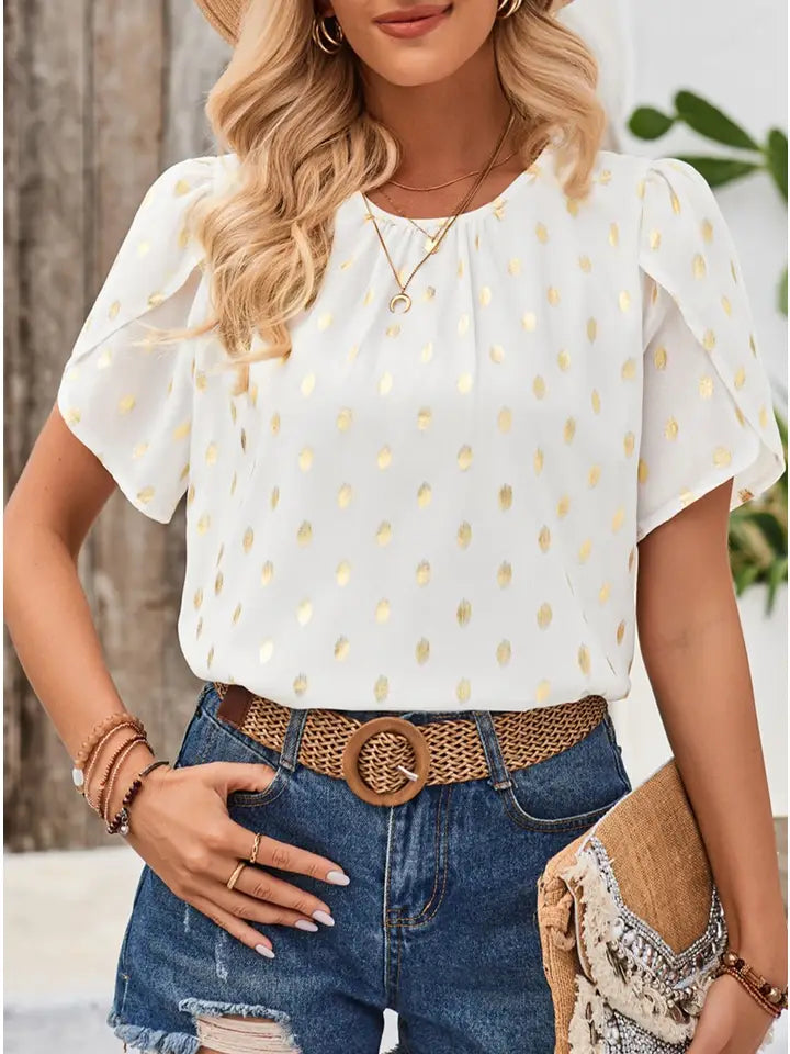 Stylish Crewneck Polka Dot Short Sleeve T-Shirt Top