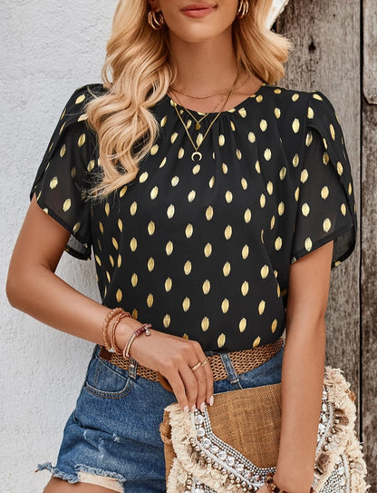 Stylish Crewneck Polka Dot Short Sleeve T-Shirt Top