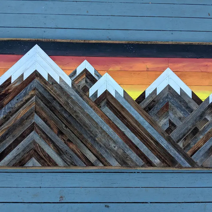 Rustic Mountain Wood Wall Art Asymmetrical with Sunset