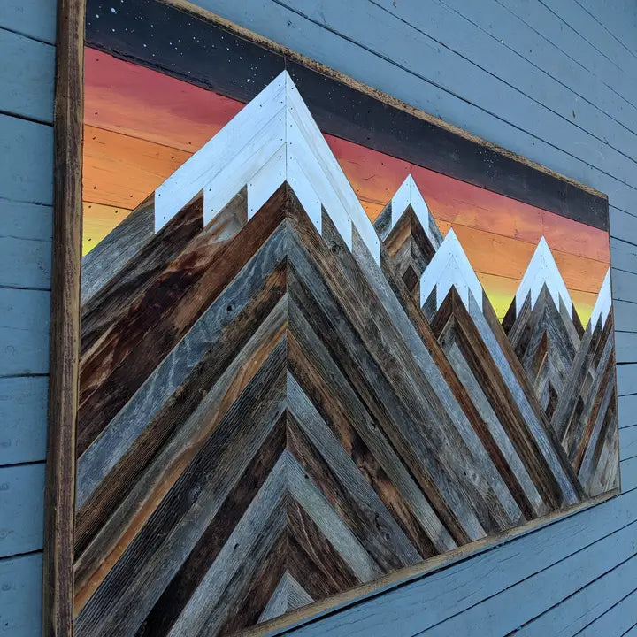 Rustic Mountain Wood Wall Art Asymmetrical with Sunset