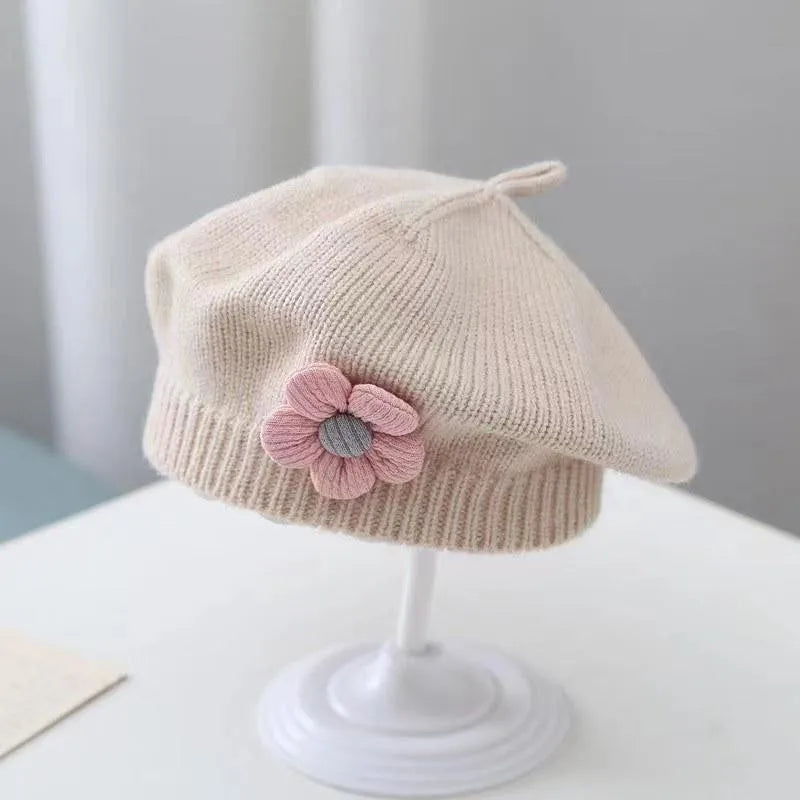 Sweet Blossom Knit Beret – Soft Flower Toddler Hat