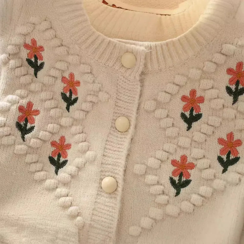 Girls' Floral Embroidered Knitted Cardigan Sweater