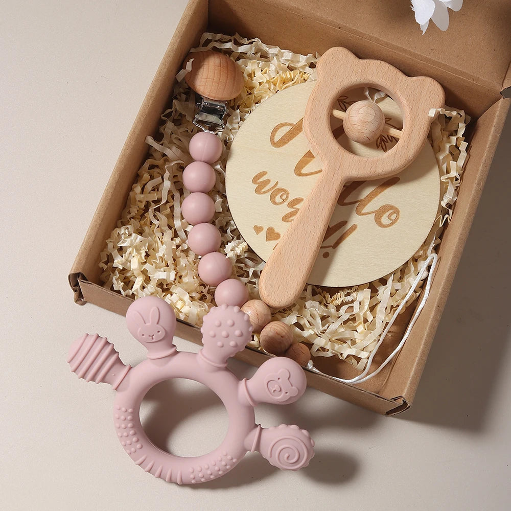 Woodland Bear Teether & Keepsake Gift Set – Silicone + Natural Wood (5 Colors)