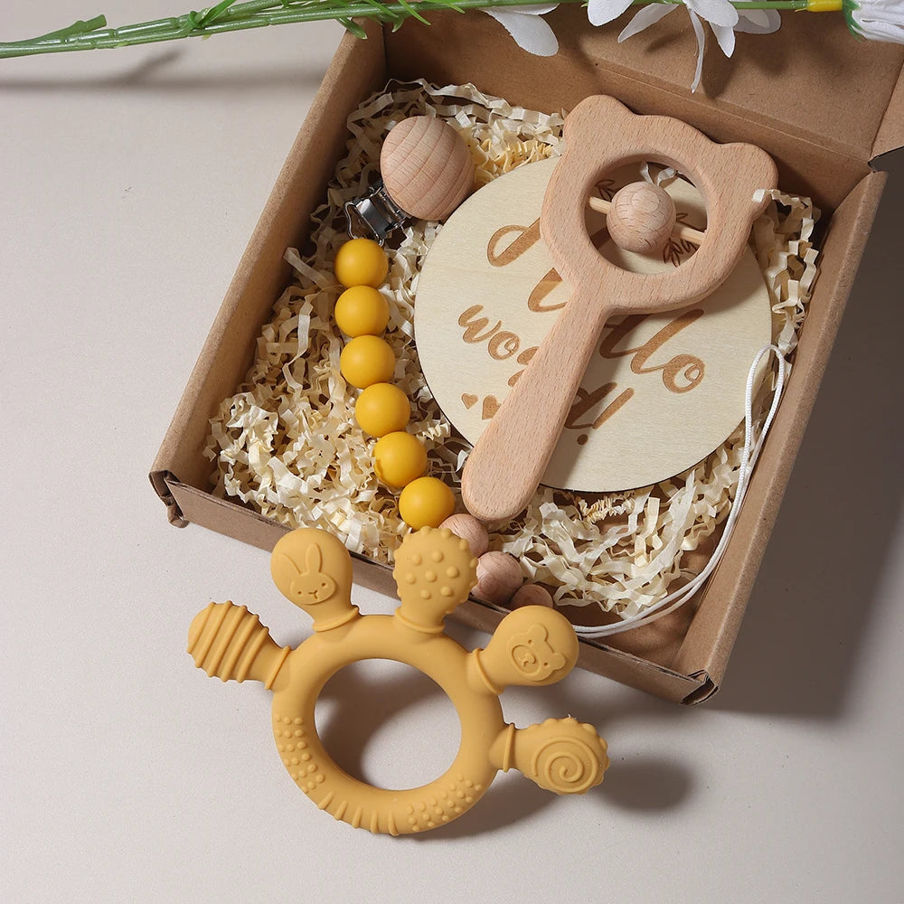 Woodland Bear Teether & Keepsake Gift Set – Silicone + Natural Wood (5 Colors)