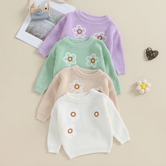 🌼 Little Blossom Embroidered Knit Sweater – Infant & Toddler Floral Pullover