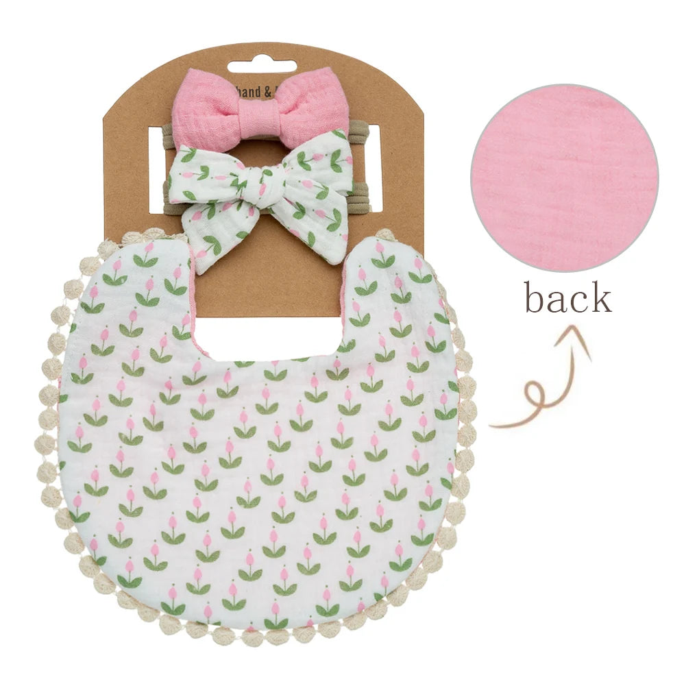 Floral Muslin Baby Bib & Bow Headband Set – 3 Piece Gift Set
