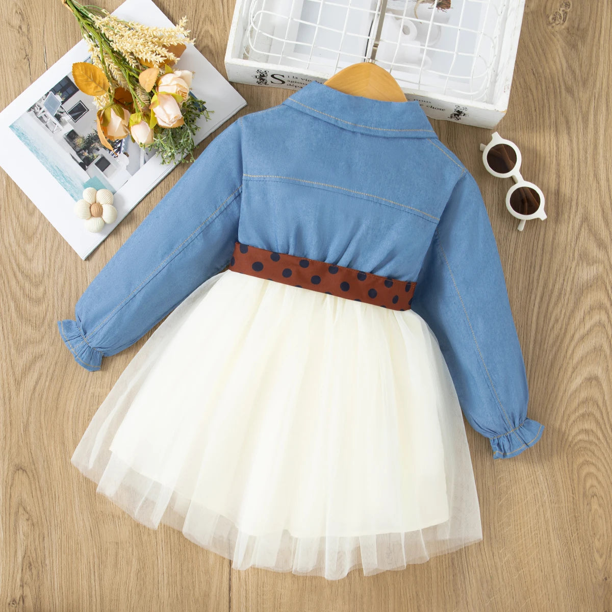 Girls Denim Top Tulle Dress – Bow Waist Special Occasion Dress (2T–6)