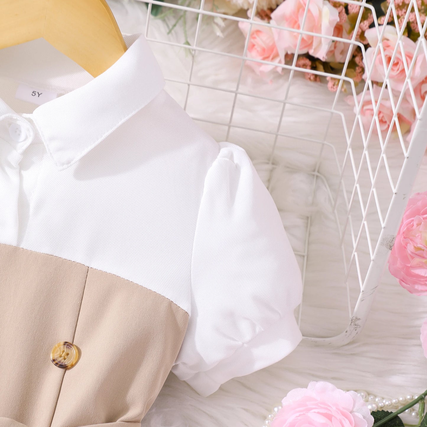 Little Girls Button Detail Dress – Puff Sleeve Special Occasion Dress (4–7)