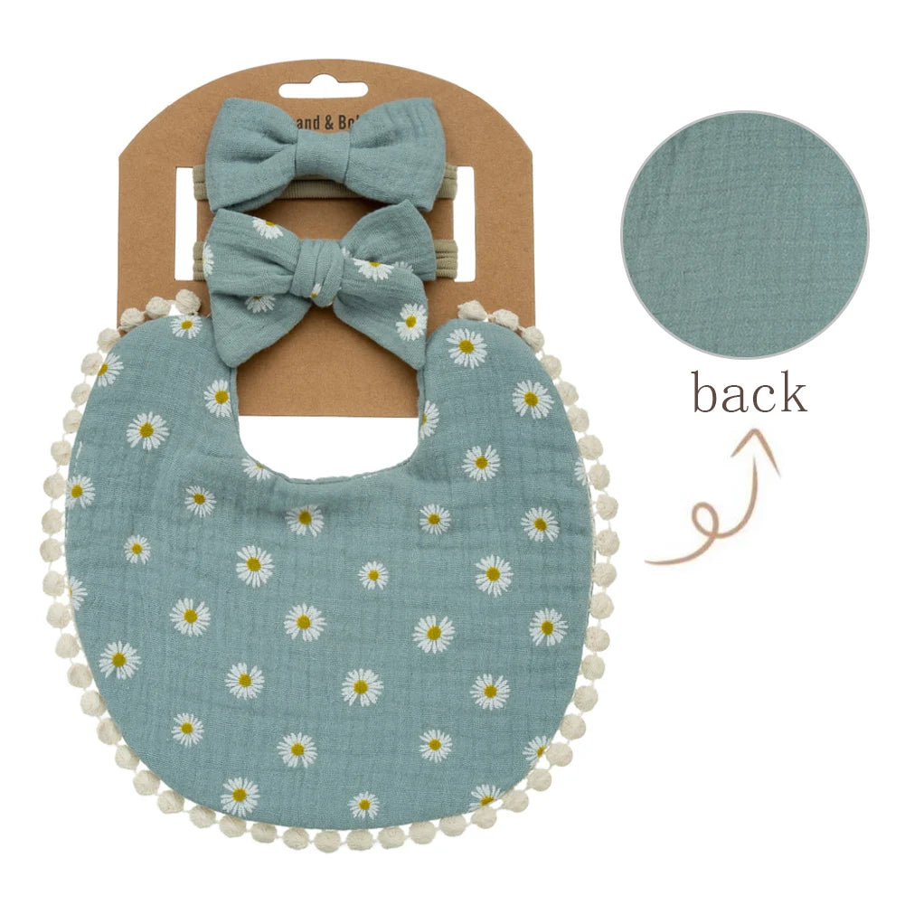 Floral Muslin Baby Bib & Bow Headband Set – 3 Piece Gift Set
