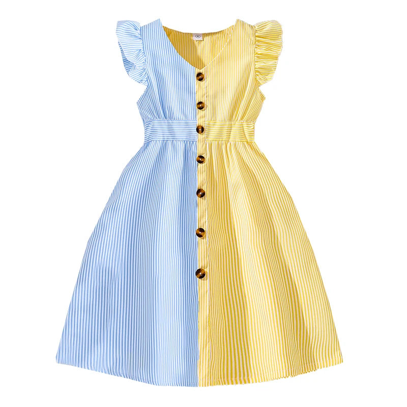 Girls Flutter Sleeve Striped Dress – Button Front Summer Style (8–12)