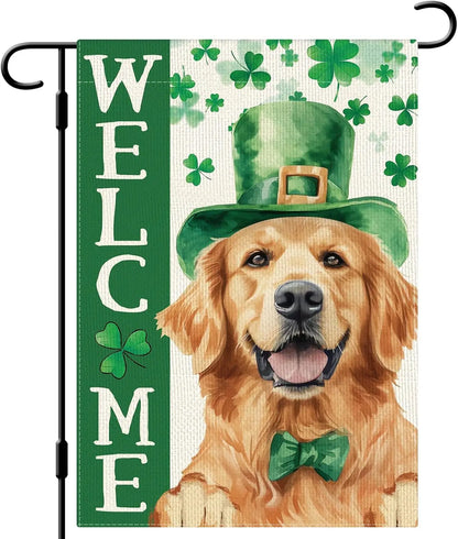 St. Patrick’s Day Golden Retriever Garden Flag – Welcome Shamrock Dog Flag