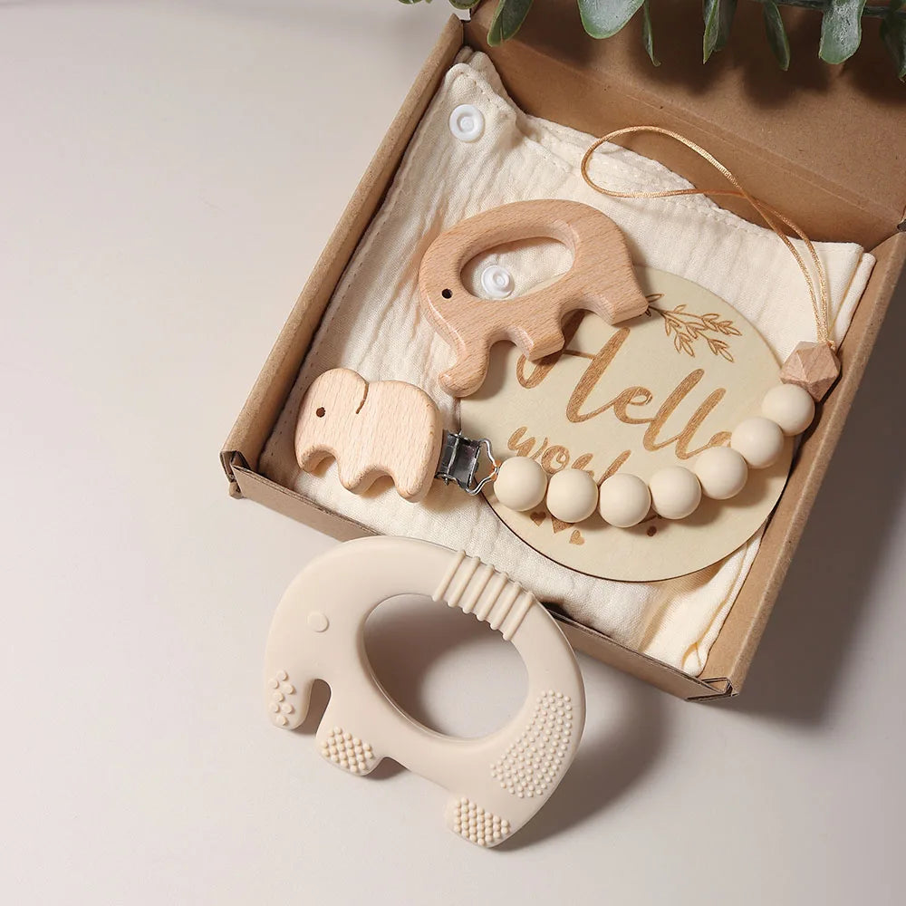 Elephant Teething Gift Set – Silicone & Wooden Teethers, Pacifier Clip & Milestone Keepsake (5-Piece Set)