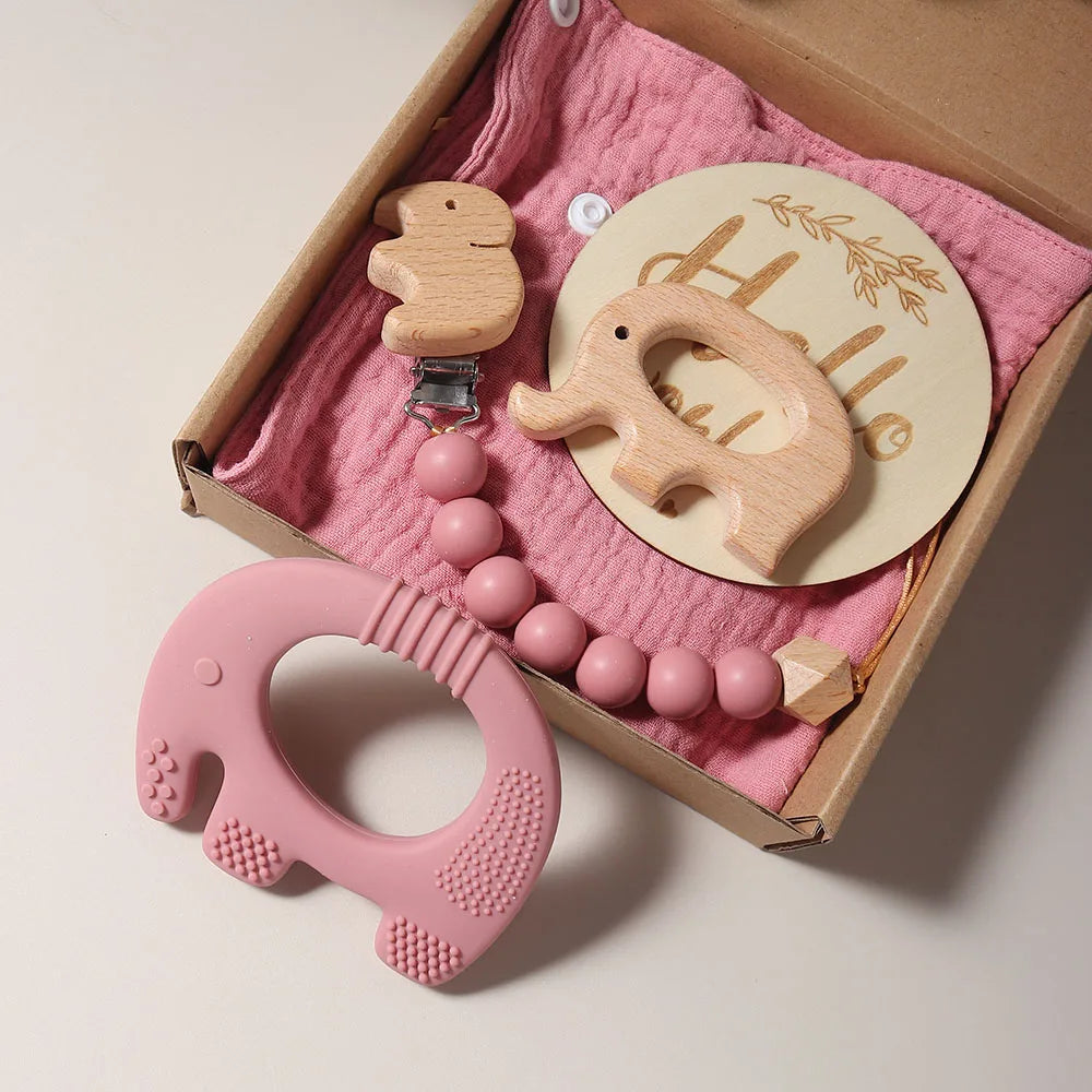 Elephant Teething Gift Set – Silicone & Wooden Teethers, Pacifier Clip & Milestone Keepsake (5-Piece Set)
