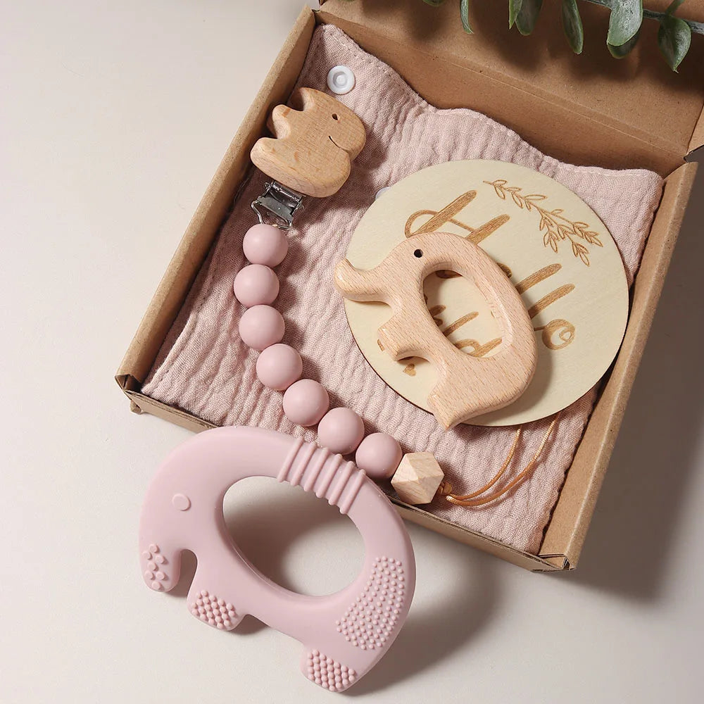 Elephant Teething Gift Set – Silicone & Wooden Teethers, Pacifier Clip & Milestone Keepsake (5-Piece Set)