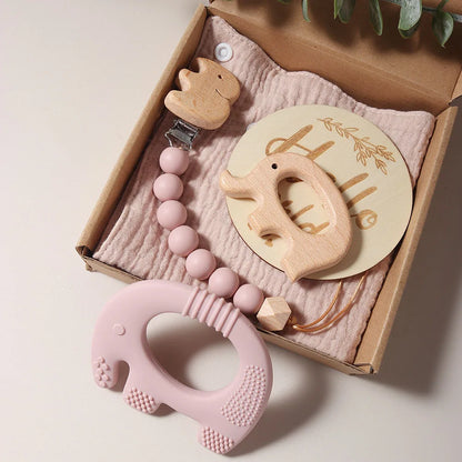 Elephant Teething Gift Set – Silicone & Wooden Teethers, Pacifier Clip & Milestone Keepsake (5-Piece Set)