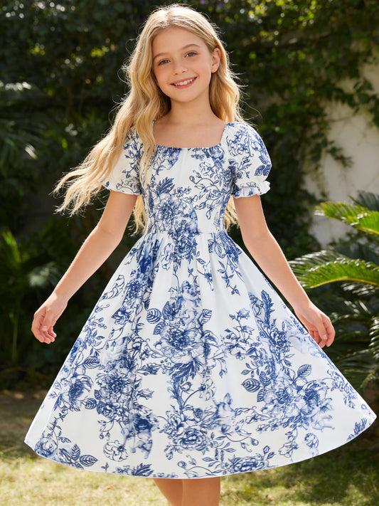 Girls Blue & White Floral Twirl Dress – Cottage Summer Style