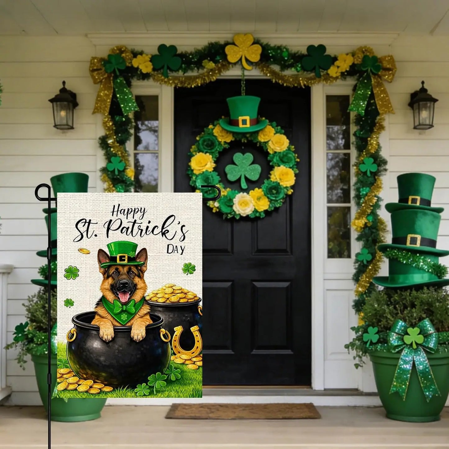 St. Patrick’s Day Dog Garden Flag – German Shepherd Lucky Pot of Gold Flag