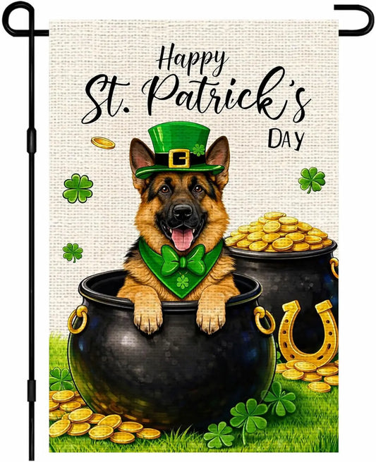 St. Patrick’s Day Dog Garden Flag – German Shepherd Lucky Pot of Gold Flag