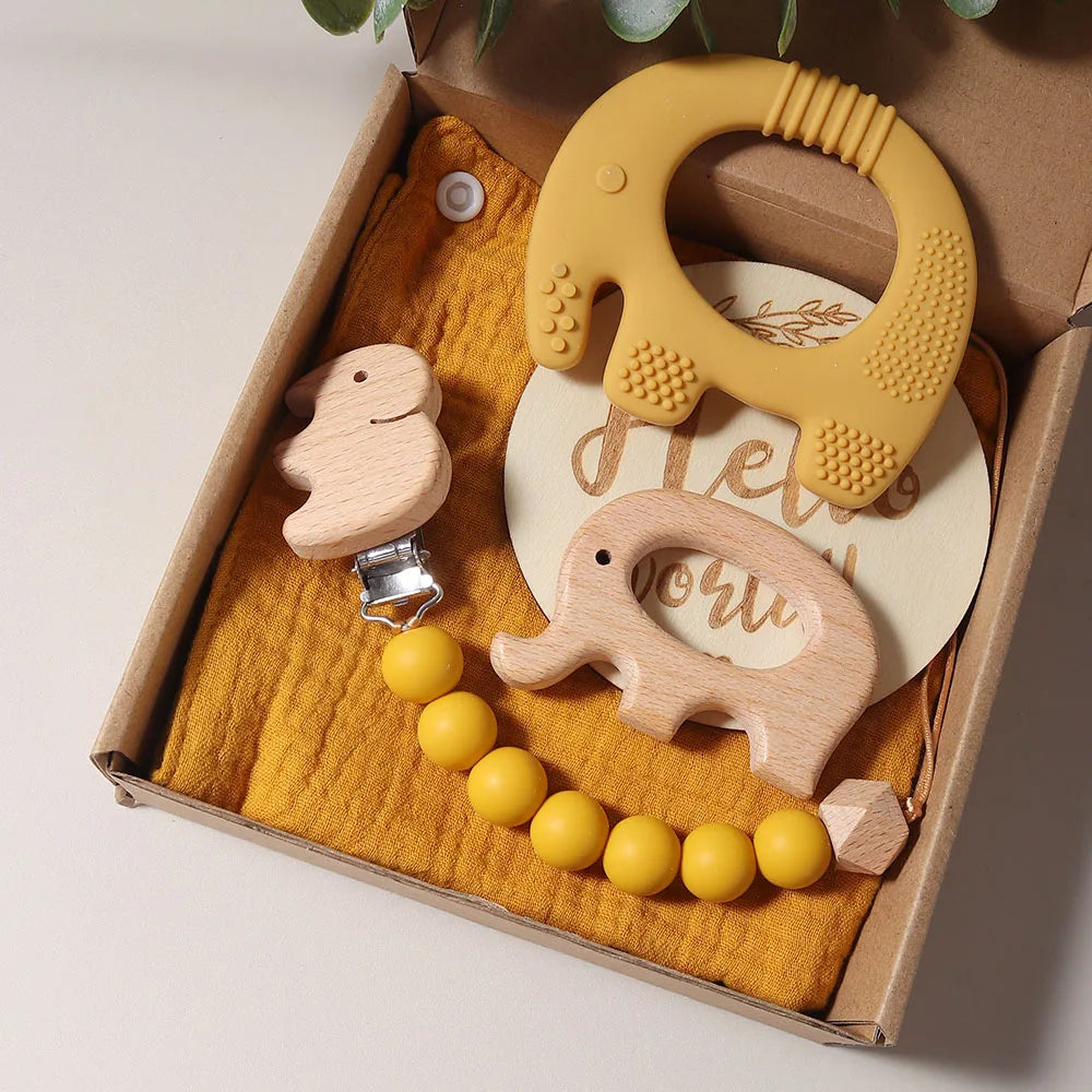 Elephant Teething Gift Set – Silicone & Wooden Teethers, Pacifier Clip & Milestone Keepsake (5-Piece Set)