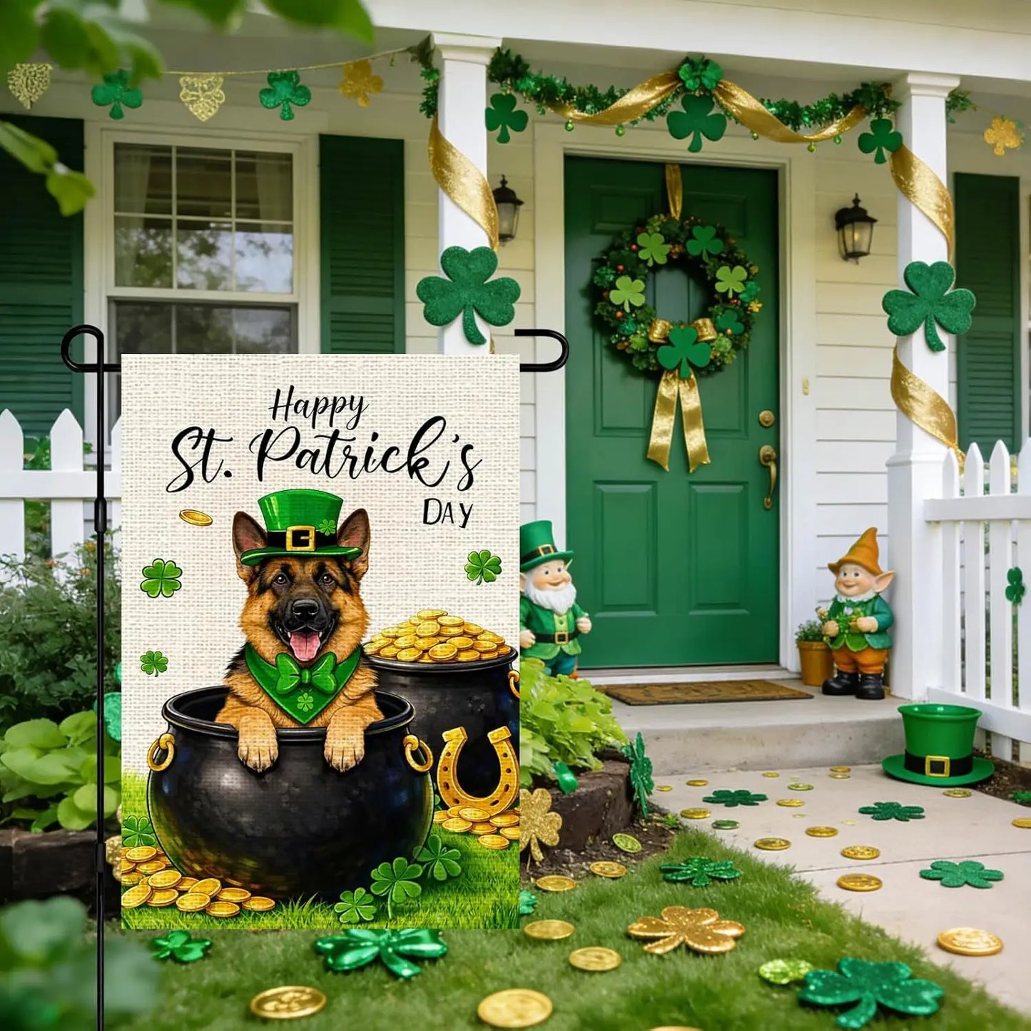 St. Patrick’s Day Dog Garden Flag – German Shepherd Lucky Pot of Gold Flag