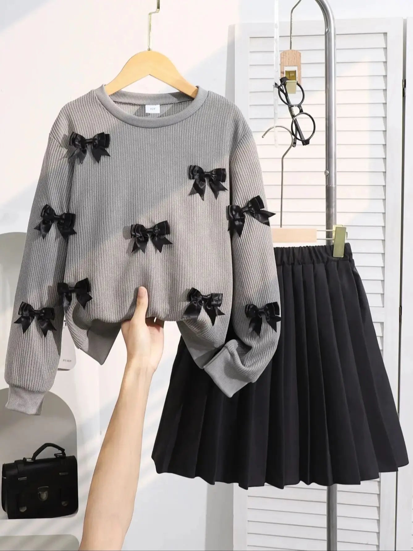 Girls Bow Sweater & Pleated Skirt Set –Dressy Two-Piece Outfit (8–12)