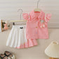 Little Girls Daisy Skirt Set – Ruffle Sleeve Button Top & Skirt (2T–7)