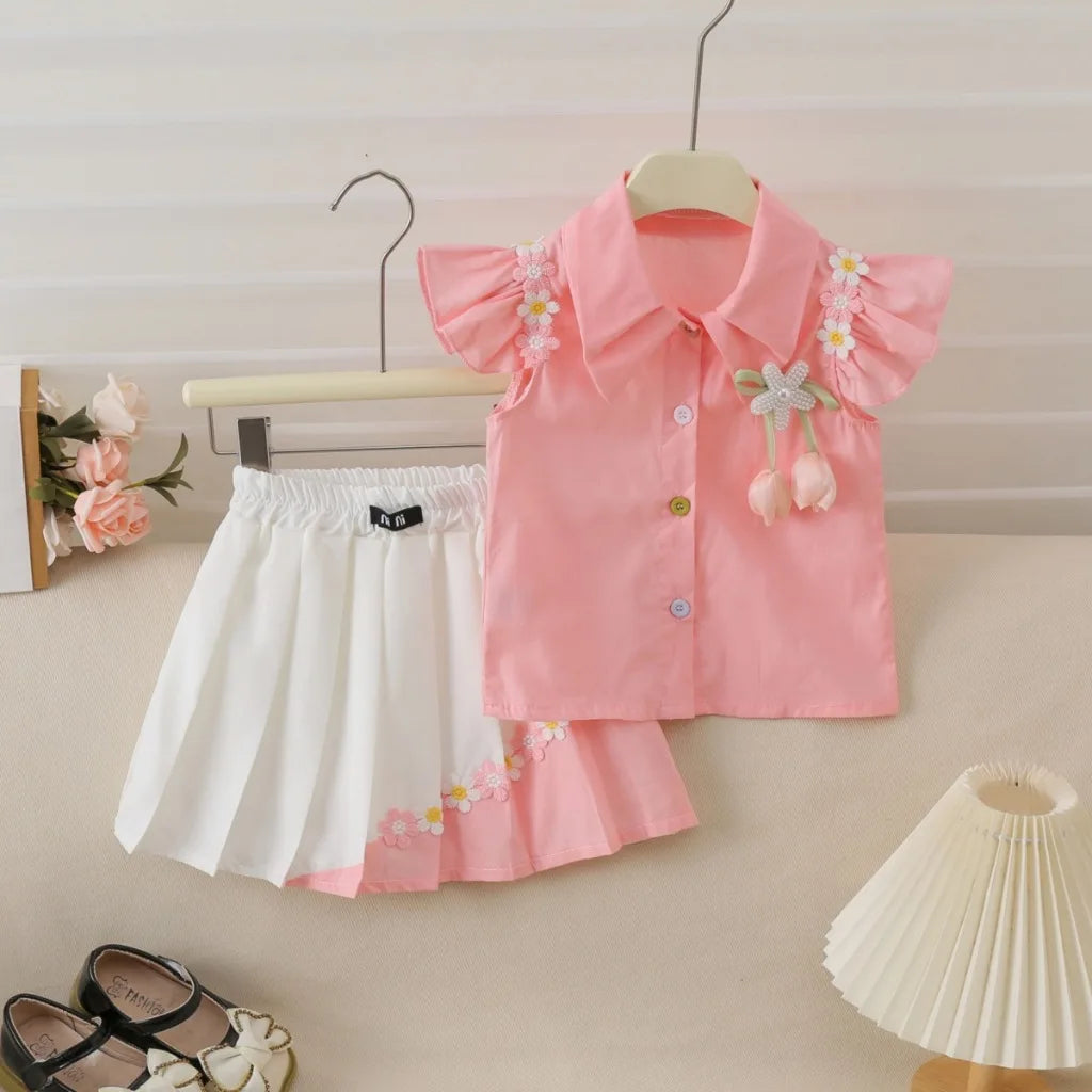 Little Girls Daisy Skirt Set – Ruffle Sleeve Button Top & Skirt (2T–7)
