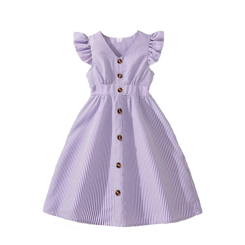 Girls Flutter Sleeve Striped Dress – Button Front Summer Style (8–12)