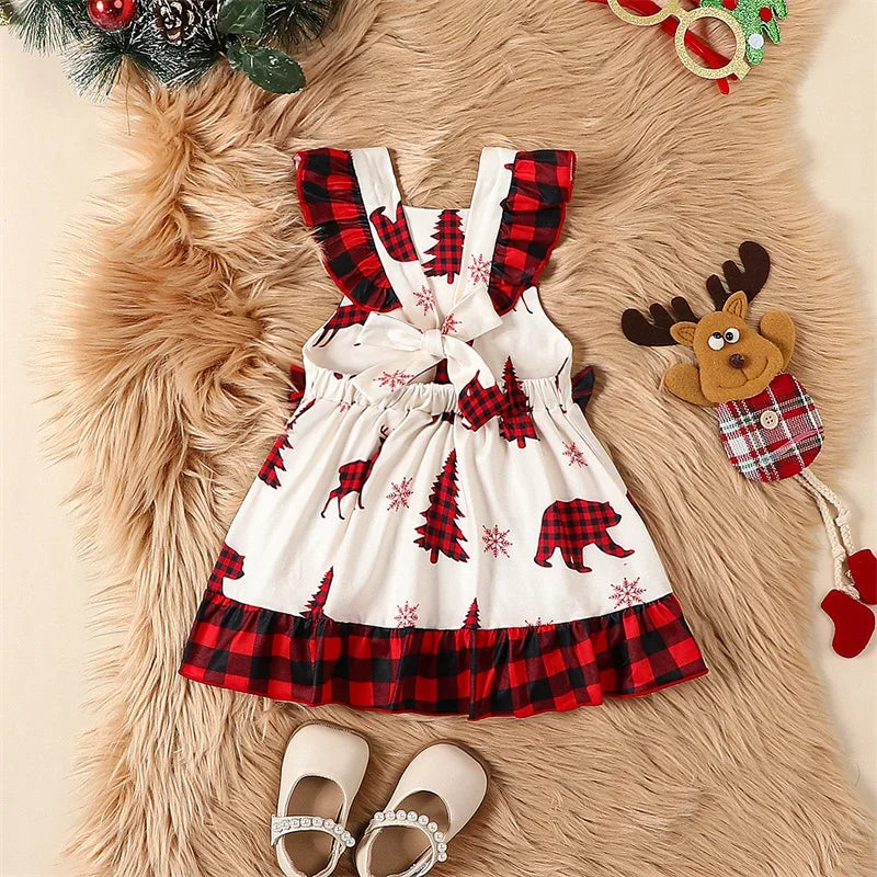 Infant Baby Girls Christmas Dress -Tree and Reindeer Plaid Print