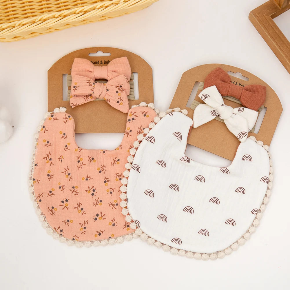 Floral Muslin Baby Bib & Bow Headband Set – 3 Piece Gift Set